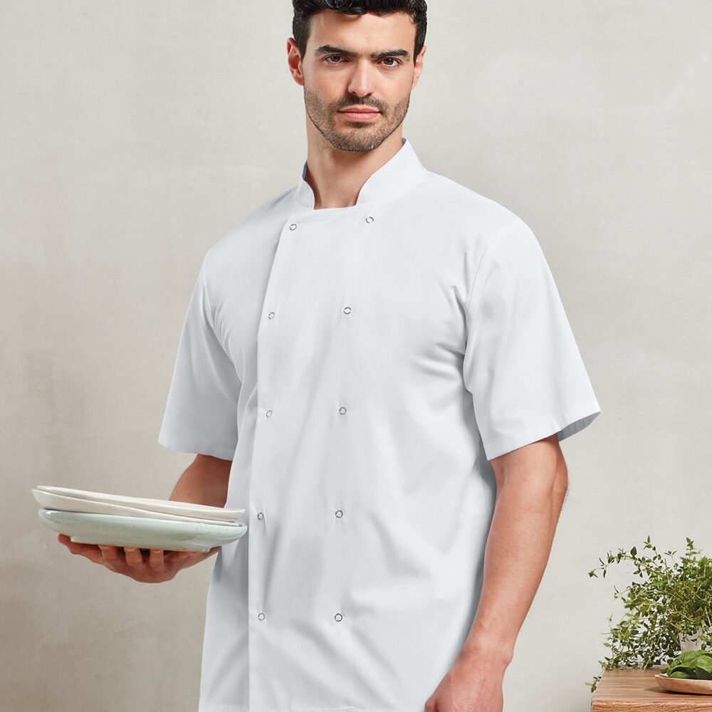 Studded front short sleeve chef's jacket