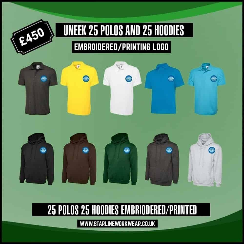 Bundle of 25 Uneek Polo Shirts & 25 Uneek Hoodies